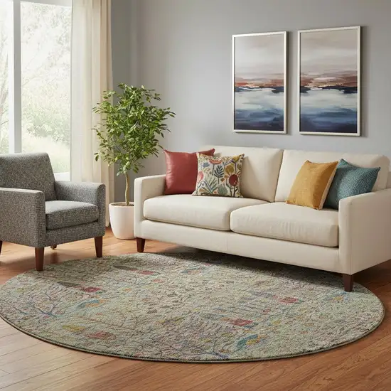 8' Green And Red Floral Vines Washable Round Rug With UV Protection Photo 2