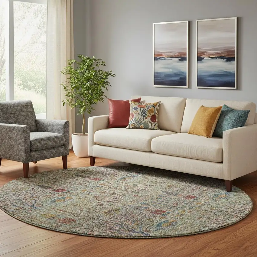 8' Green And Red Floral Vines Washable Round Rug With UV Protection Photo 2