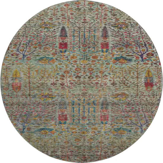 8' Green And Red Floral Vines Washable Round Rug With UV Protection Photo 1