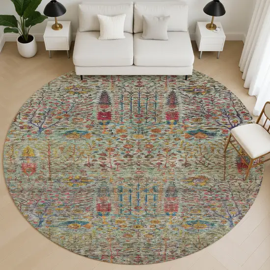 8' Green And Red Floral Vines Washable Round Rug With UV Protection Photo 5