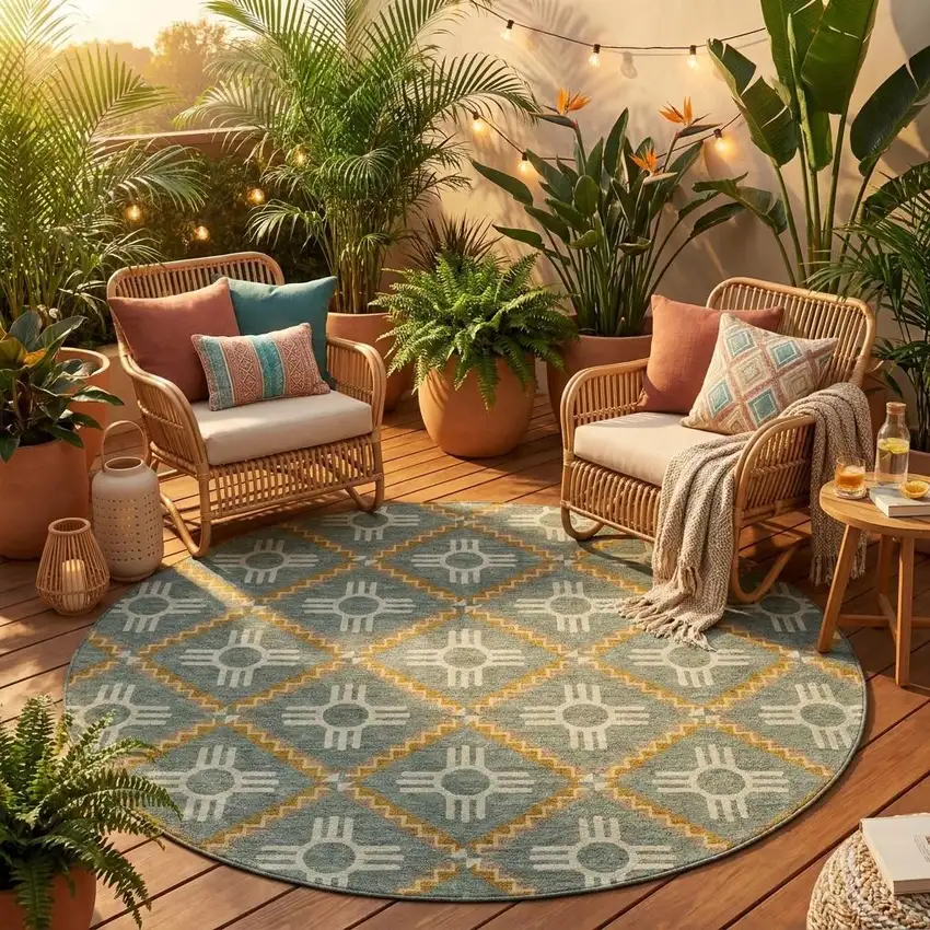 8' Green And Red Round Geometric Washable Indoor Outdoor Area Rug Photo 1
