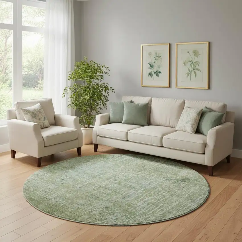 8' Green And Sage Abstract Washable Round Rug With UV Protection Photo 2