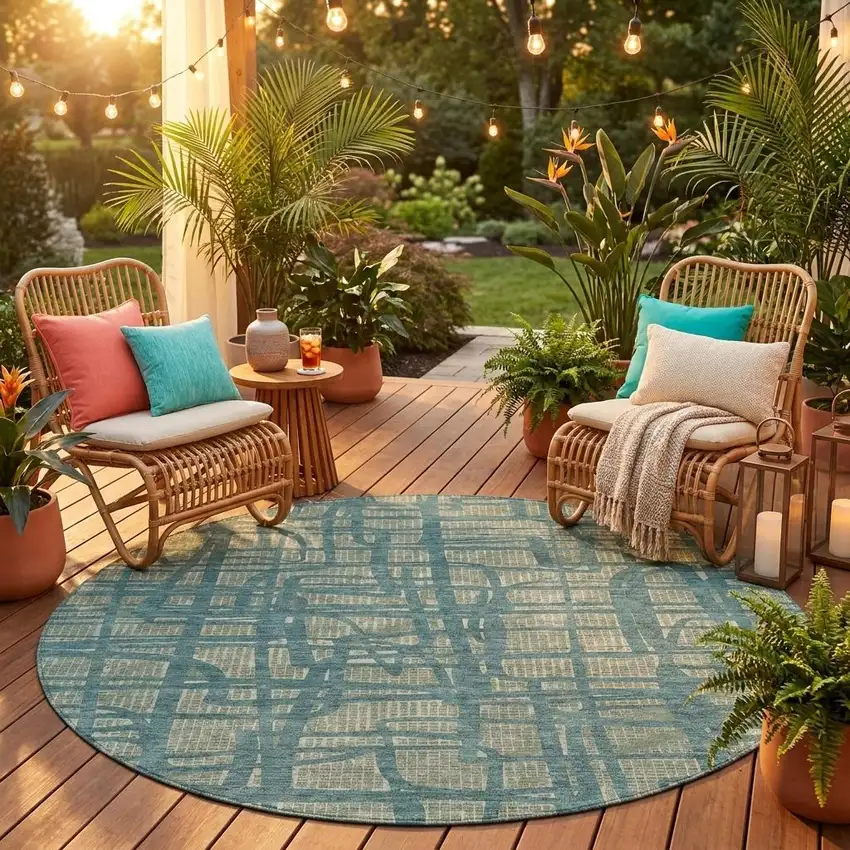 8' Green And Sage Round Abstract Washable Indoor Outdoor Area Rug Photo 1