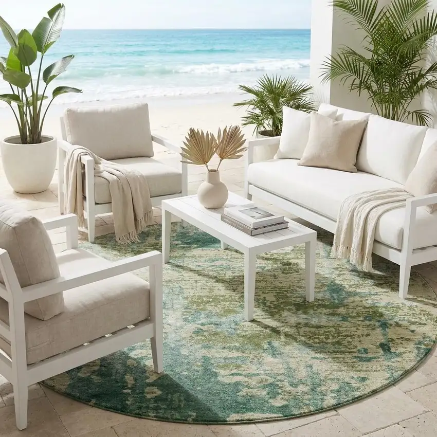 8' Green And Sage Round Abstract Washable Indoor Outdoor Area Rug Photo 1