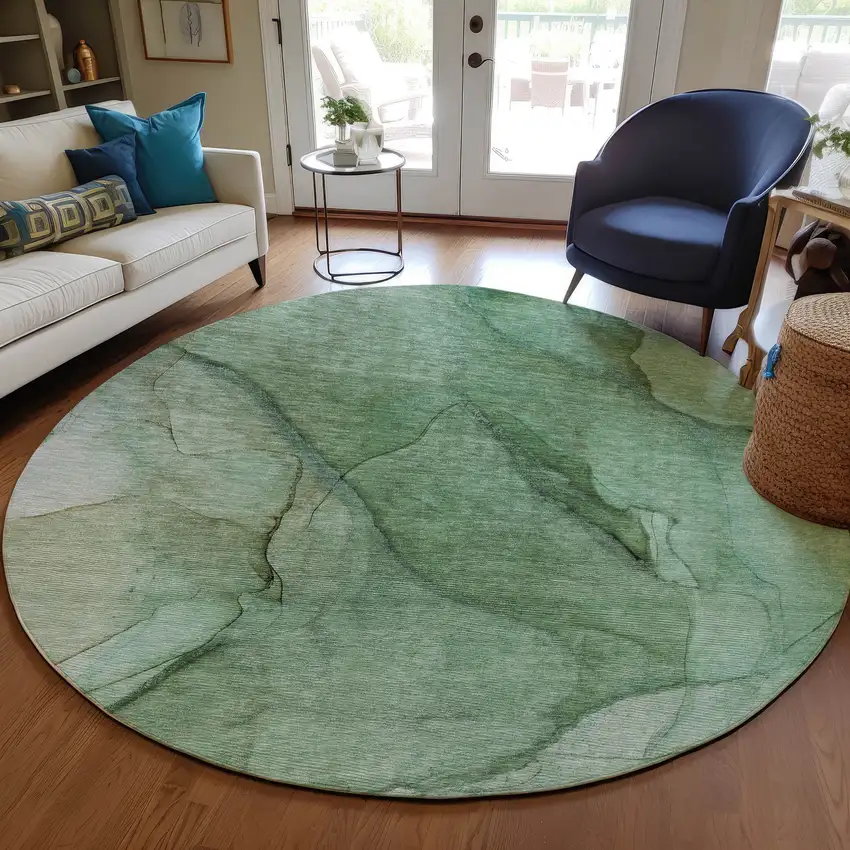 8' Green And Sage Round Abstract Washable Indoor Outdoor Area Rug Photo 6