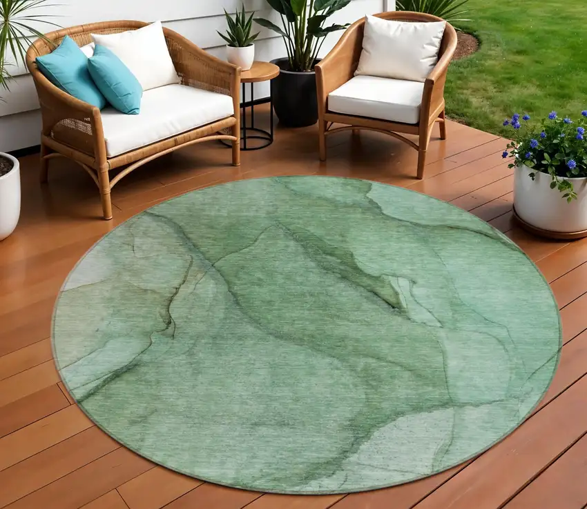 8' Green And Sage Round Abstract Washable Indoor Outdoor Area Rug Photo 1