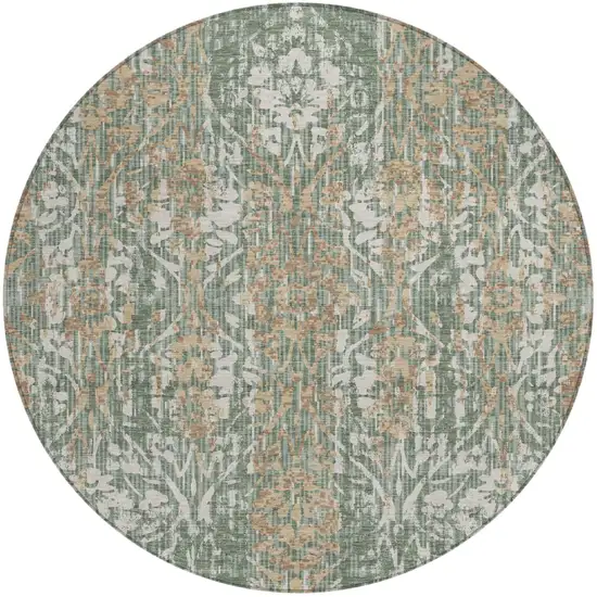 8' Green And Sage Round Damask Washable Indoor Outdoor Area Rug Photo 2