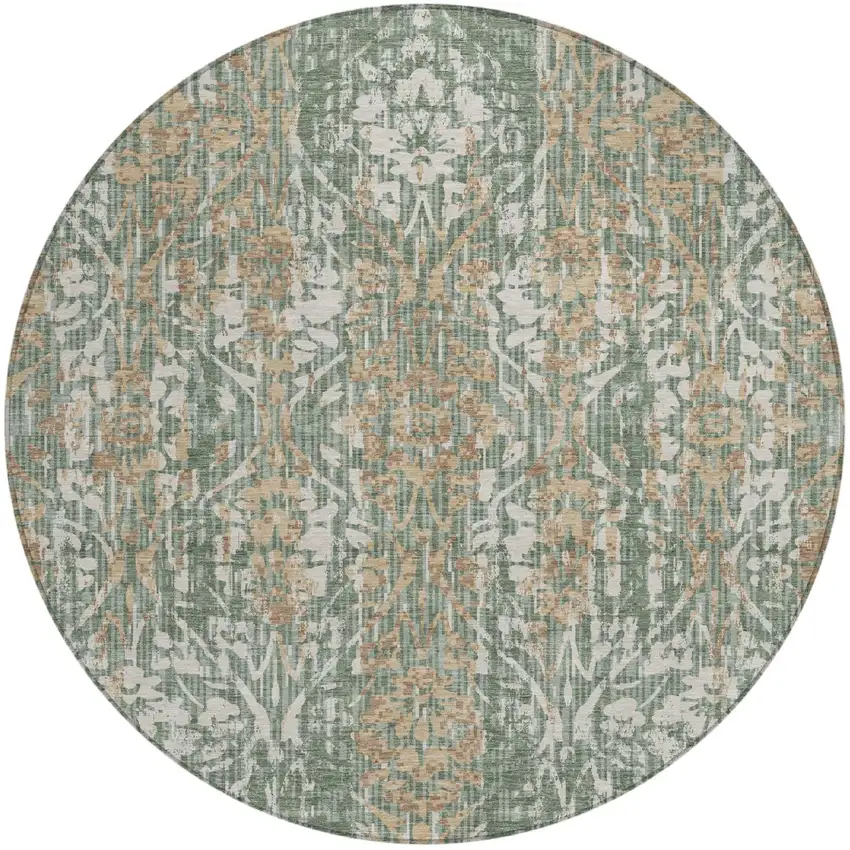 8' Green And Sage Round Damask Washable Indoor Outdoor Area Rug Photo 2