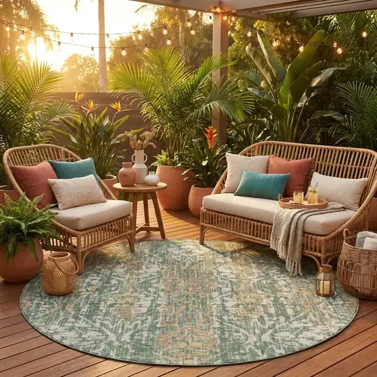 8' Green And Sage Round Damask Washable Indoor Outdoor Area Rug Photo 1