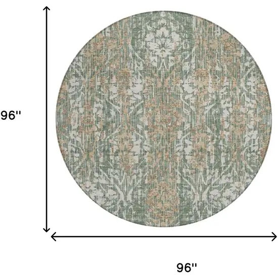 8' Green And Sage Round Damask Washable Indoor Outdoor Area Rug Photo 7