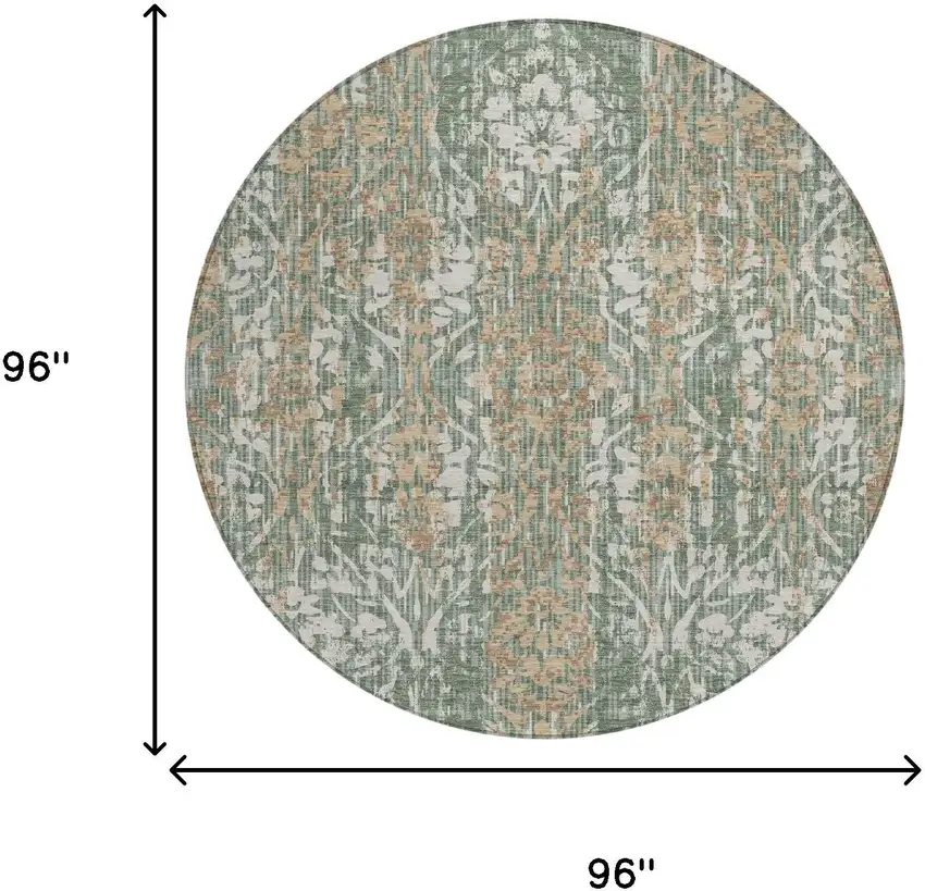 8' Green And Sage Round Damask Washable Indoor Outdoor Area Rug Photo 7