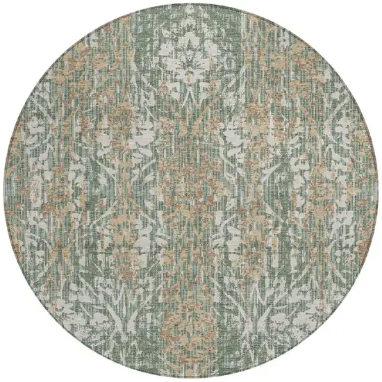 8' Green And Sage Round Damask Washable Indoor Outdoor Area Rug Photo 4