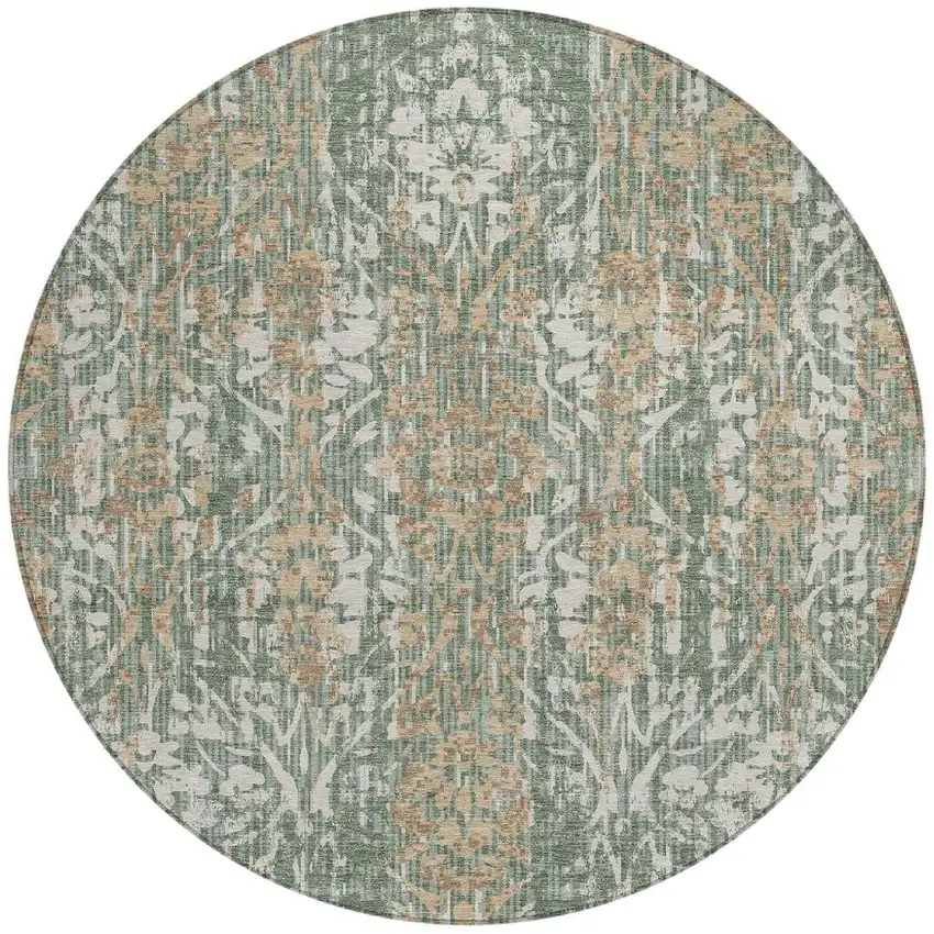 8' Green And Sage Round Damask Washable Indoor Outdoor Area Rug Photo 4
