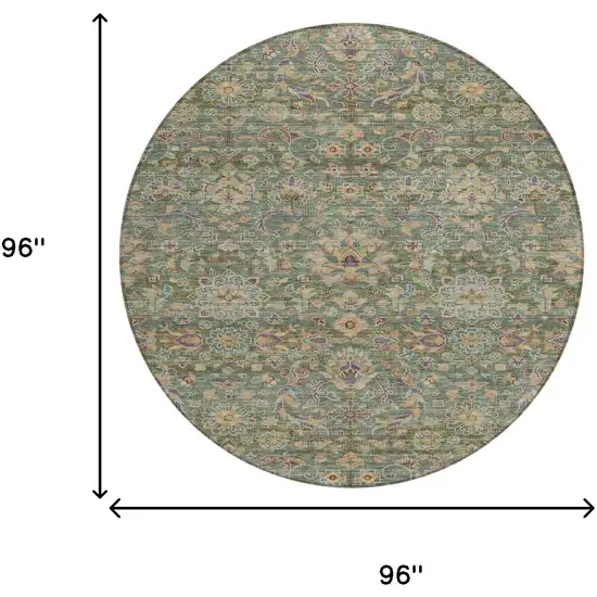 8' Green And Sage Round Floral Medallion Washable Indoor Outdoor Area Rug Photo 7