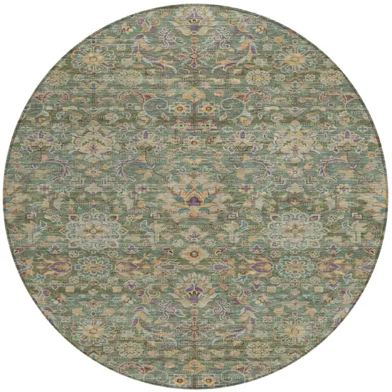 8' Green And Sage Round Floral Medallion Washable Indoor Outdoor Area Rug Photo 2