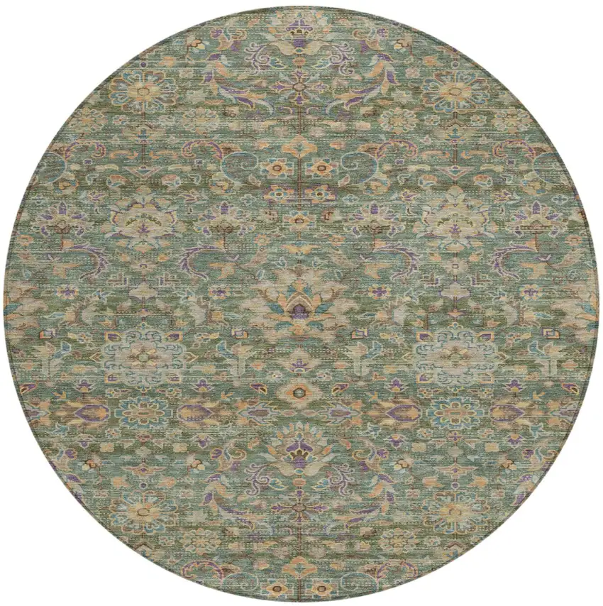 8' Green And Sage Round Floral Medallion Washable Indoor Outdoor Area Rug Photo 2
