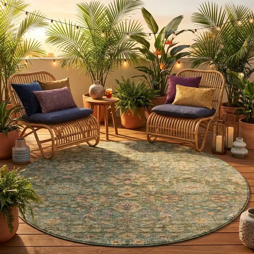 8' Green And Sage Round Floral Medallion Washable Indoor Outdoor Area Rug Photo 1