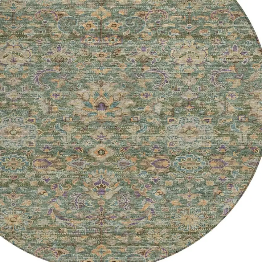 8' Green And Sage Round Floral Medallion Washable Indoor Outdoor Area Rug Photo 3