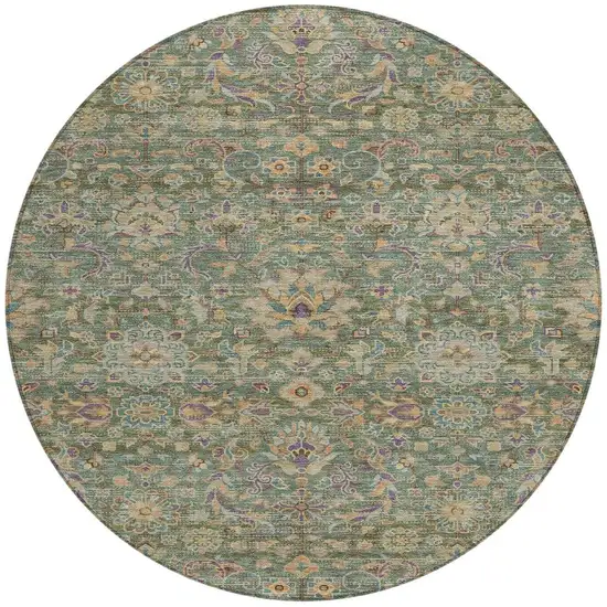 8' Green And Sage Round Floral Medallion Washable Indoor Outdoor Area Rug Photo 4