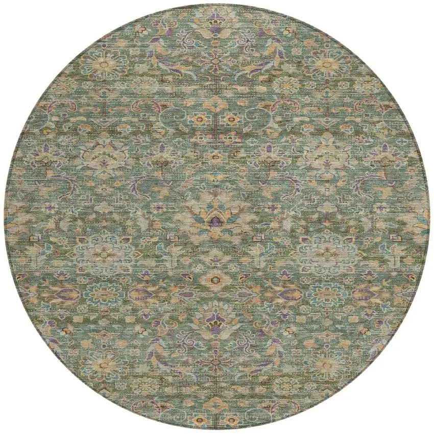 8' Green And Sage Round Floral Medallion Washable Indoor Outdoor Area Rug Photo 4
