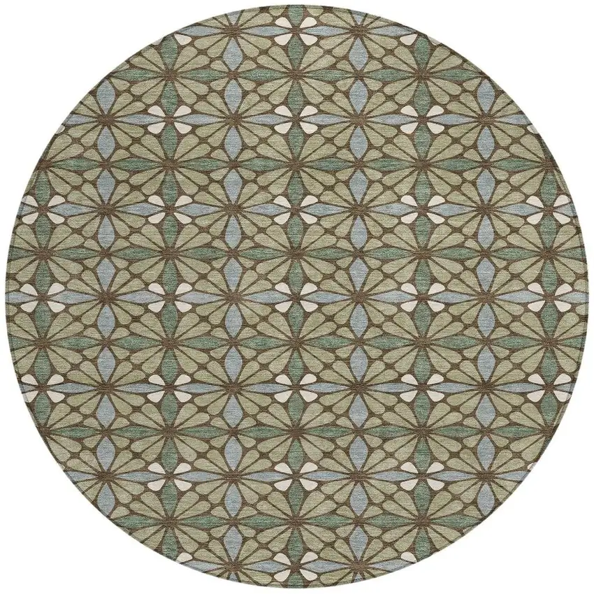 8' Green And Sage Round Geometric Washable Indoor Outdoor Area Rug Photo 3