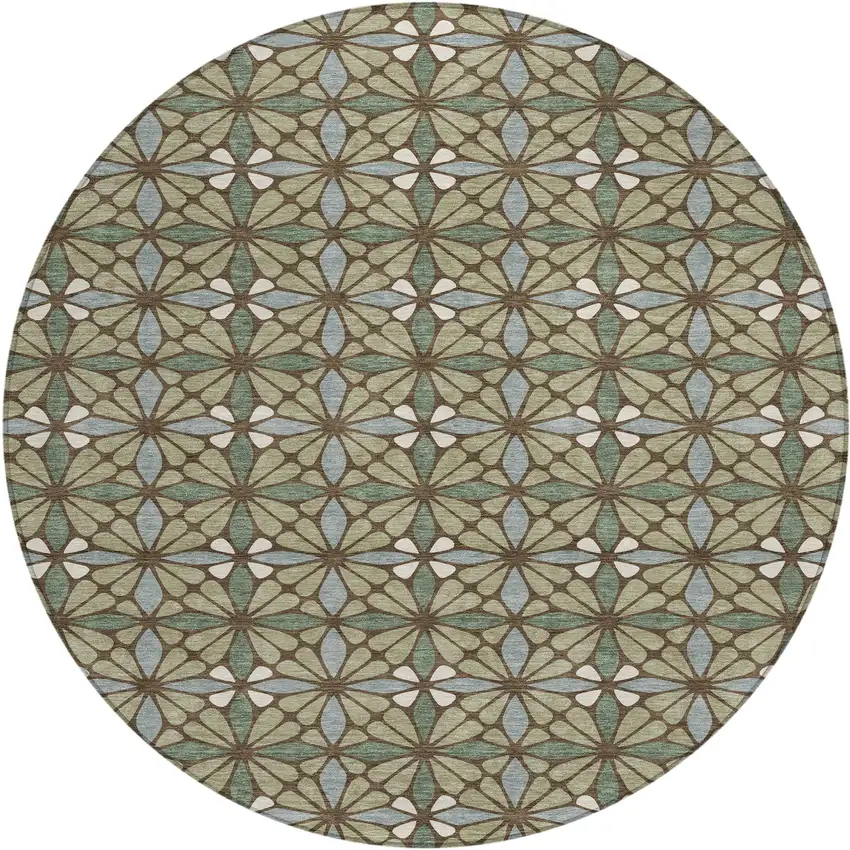 8' Green And Sage Round Geometric Washable Indoor Outdoor Area Rug Photo 1
