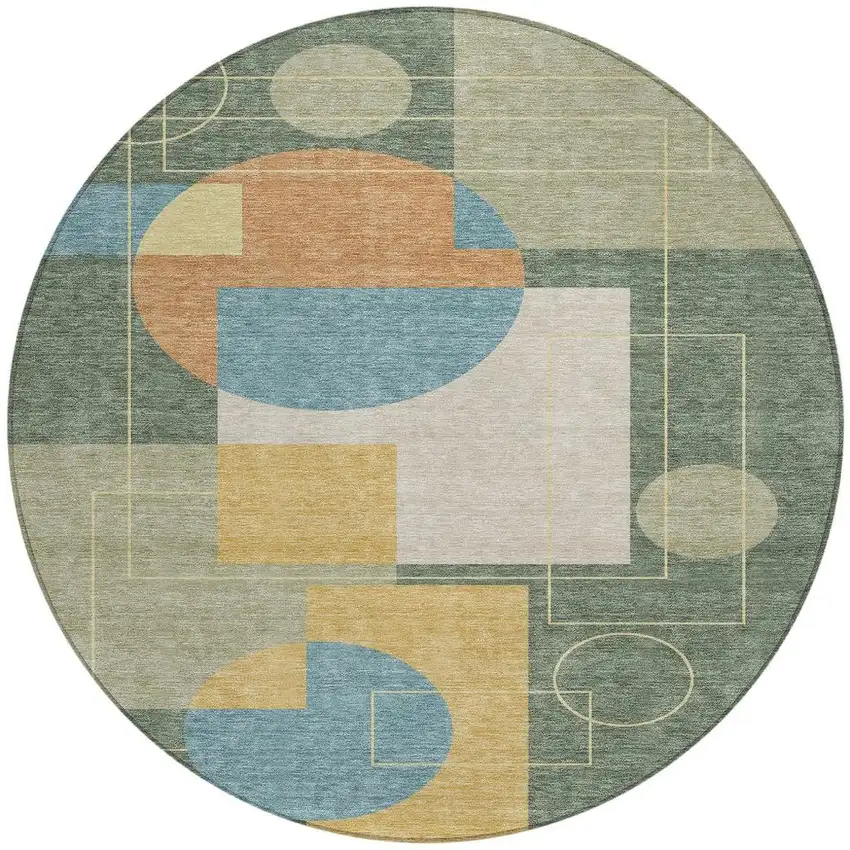 8' Green And Sage Round Geometric Washable Indoor Outdoor Area Rug Photo 4