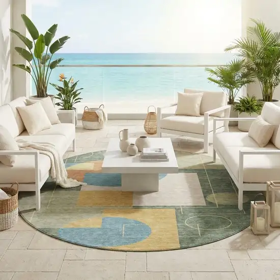 8' Green And Sage Round Geometric Washable Indoor Outdoor Area Rug Photo 1