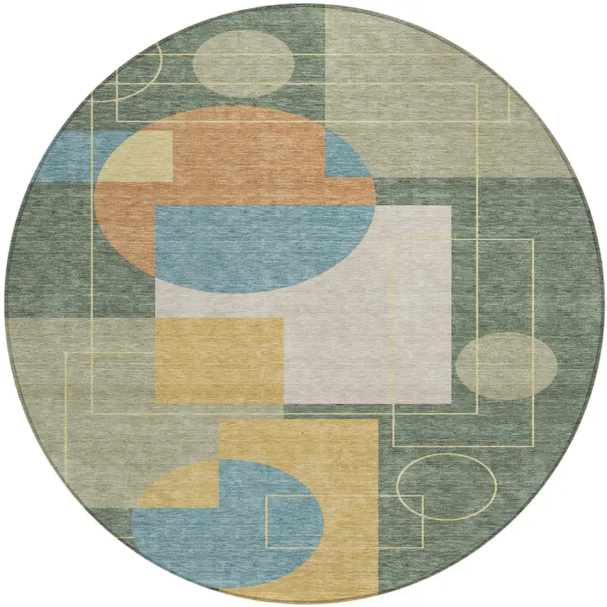 8' Green And Sage Round Geometric Washable Indoor Outdoor Area Rug Photo 2
