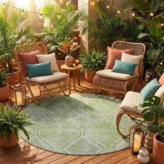 8' Green And Sage Round Geometric Washable Indoor Outdoor Area Rug Photo 1
