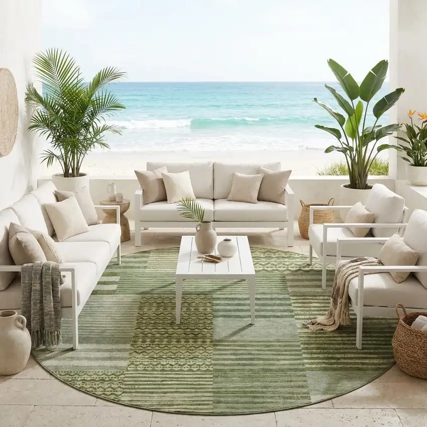 8' Green And Sage Round Striped Washable Indoor Outdoor Area Rug Photo 1