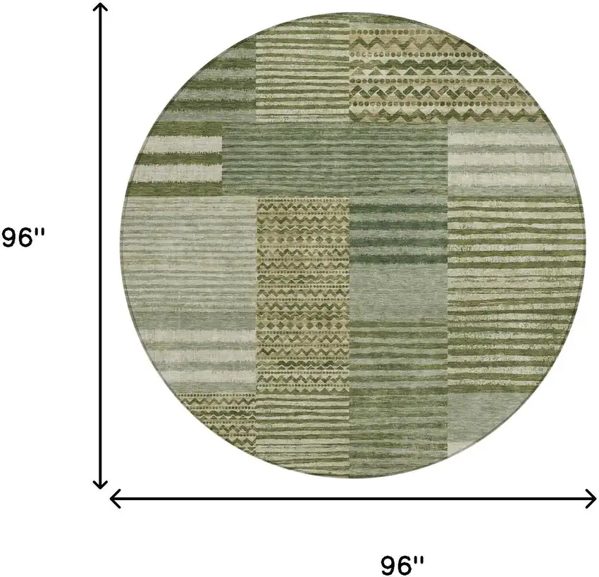 8' Green And Sage Round Striped Washable Indoor Outdoor Area Rug Photo 7