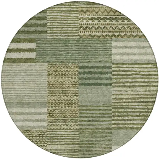 8' Green And Sage Round Striped Washable Indoor Outdoor Area Rug Photo 2