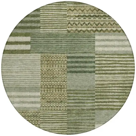 8' Green And Sage Round Striped Washable Indoor Outdoor Area Rug Photo 4