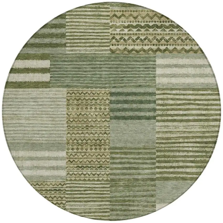 8' Green And Sage Round Striped Washable Indoor Outdoor Area Rug Photo 4