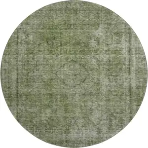 Photo of 8' Green And Silver Abstract Washable Round Rug With UV Protection