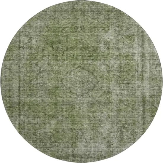 8' Green And Silver Abstract Washable Round Rug With UV Protection Photo 1