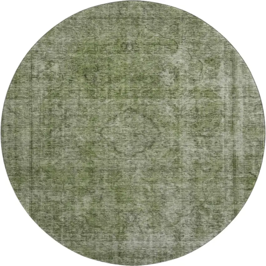 8' Green And Silver Abstract Washable Round Rug With UV Protection Photo 1