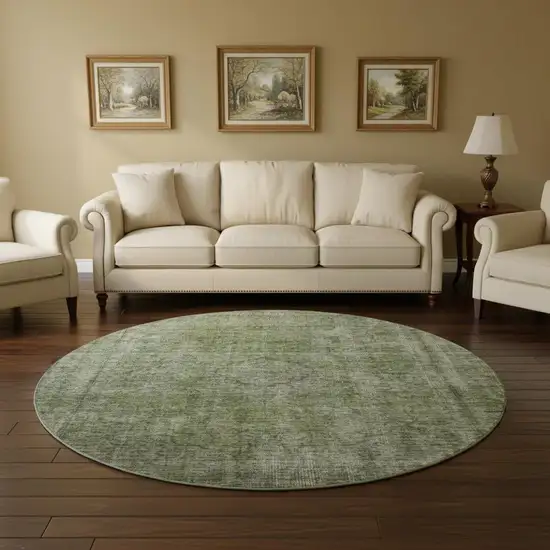 8' Green And Silver Abstract Washable Round Rug With UV Protection Photo 2