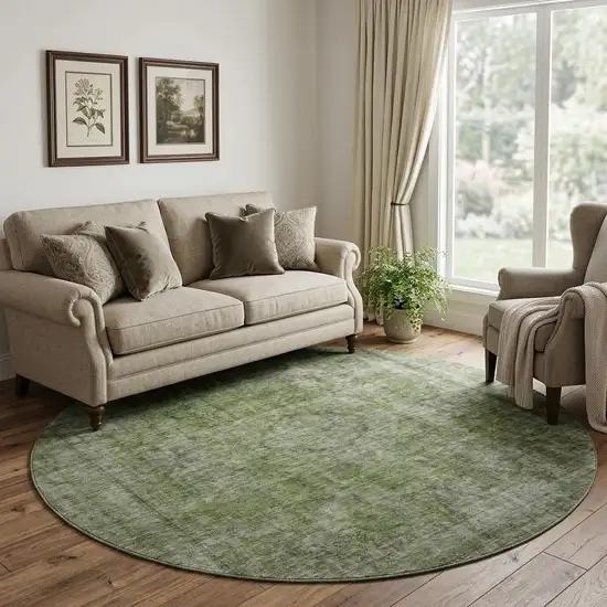 8' Green And Silver Abstract Washable Round Rug With UV Protection Photo 1