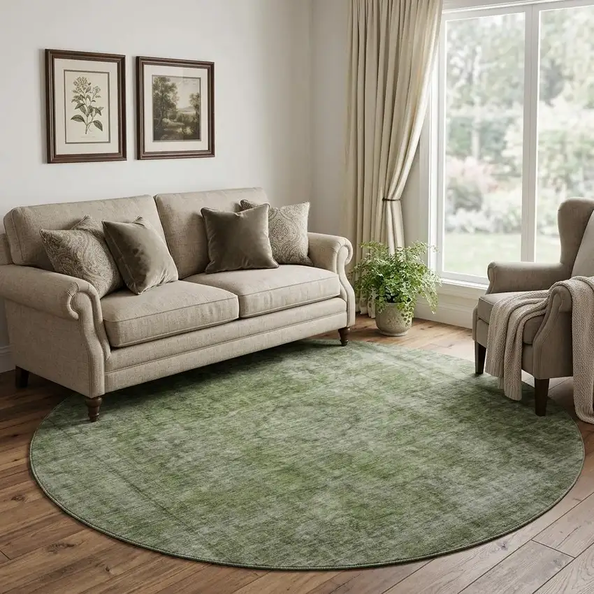 8' Green And Silver Abstract Washable Round Rug With UV Protection Photo 1