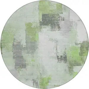 Photo of 8' Green And Silver Round Abstract Washable Indoor Outdoor Area Rug