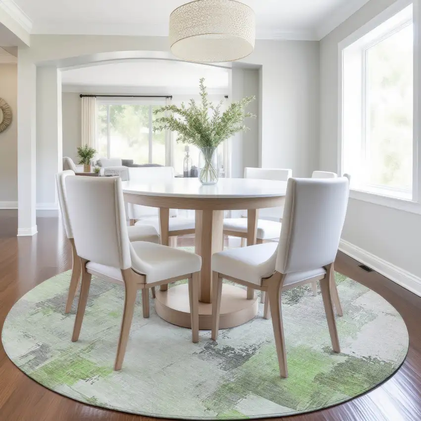 8' Green And Silver Round Abstract Washable Indoor Outdoor Area Rug Photo 6