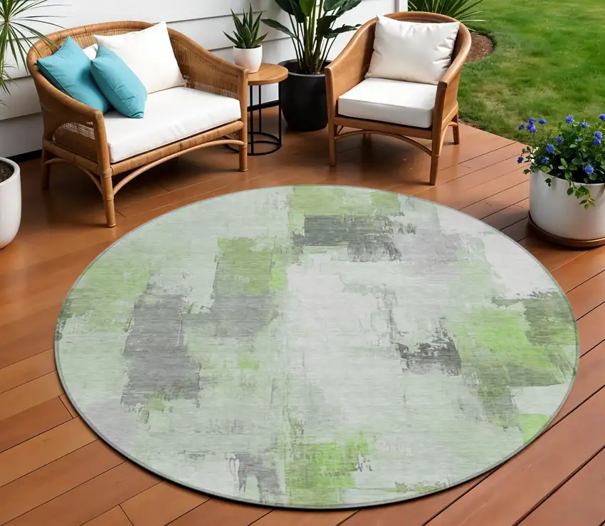 8' Green And Silver Round Abstract Washable Indoor Outdoor Area Rug Photo 2