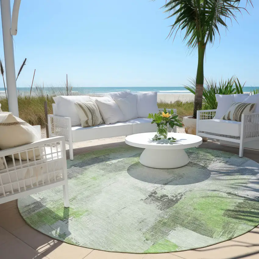 8' Green And Silver Round Abstract Washable Indoor Outdoor Area Rug Photo 5