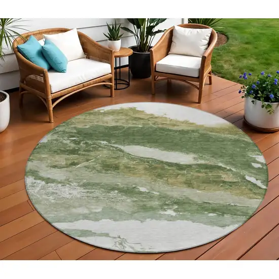 8' Green And Silver Round Abstract Washable Indoor Outdoor Area Rug Photo 2