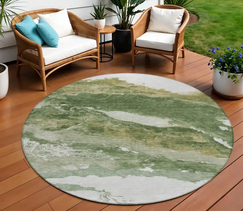 8' Green And Silver Round Abstract Washable Indoor Outdoor Area Rug Photo 2