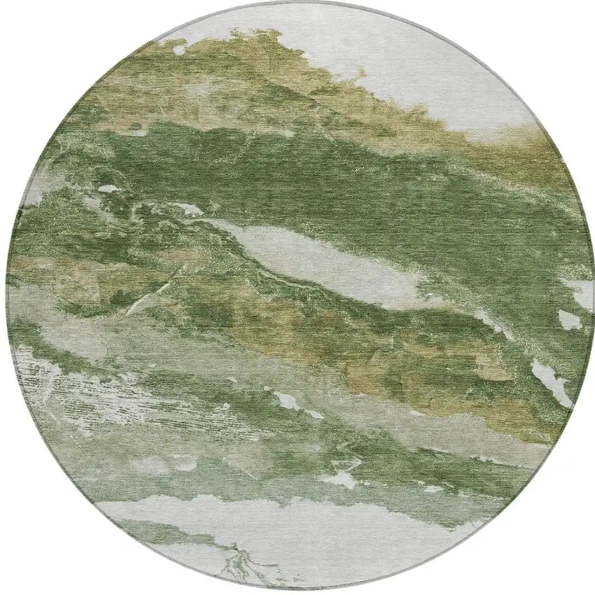 8' Green And Silver Round Abstract Washable Indoor Outdoor Area Rug Photo 3