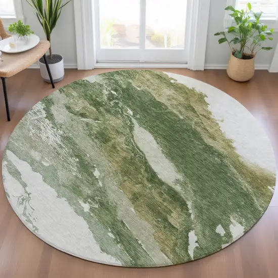 8' Green And Silver Round Abstract Washable Indoor Outdoor Area Rug Photo 6