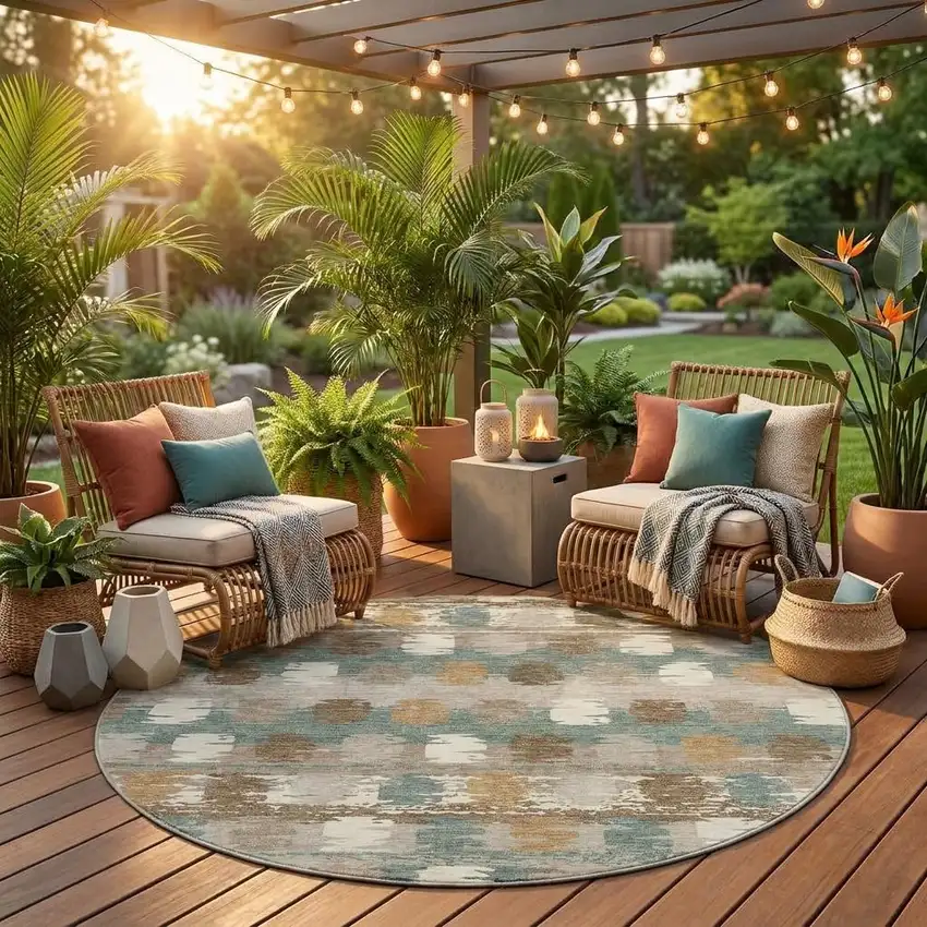 8' Green And Silver Round Abstract Washable Indoor Outdoor Area Rug Photo 1